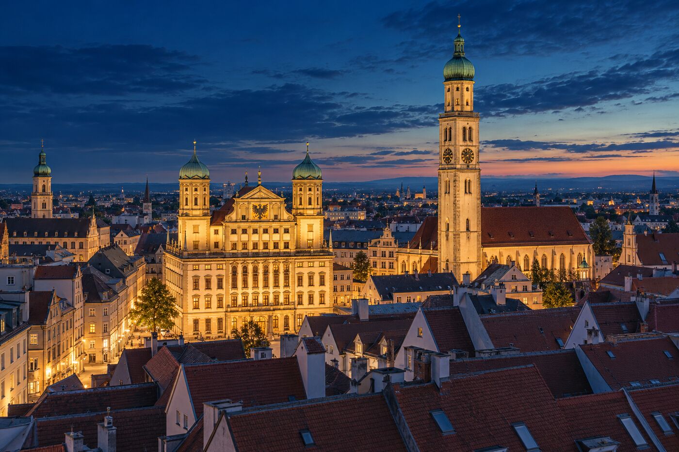 Augsburger Altstadt mit Rathaus und Perlachturm zur blauen Stunde (KI-generiertes Motiv)